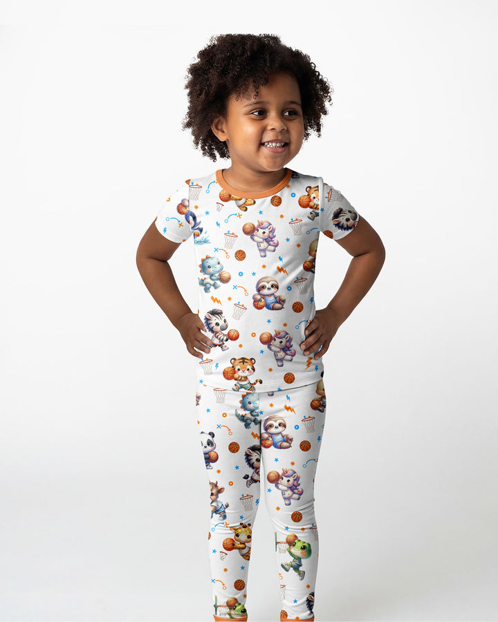 Cartoon Basketball Animals Bamboo Two Piece Short Sleeve Pajama Set