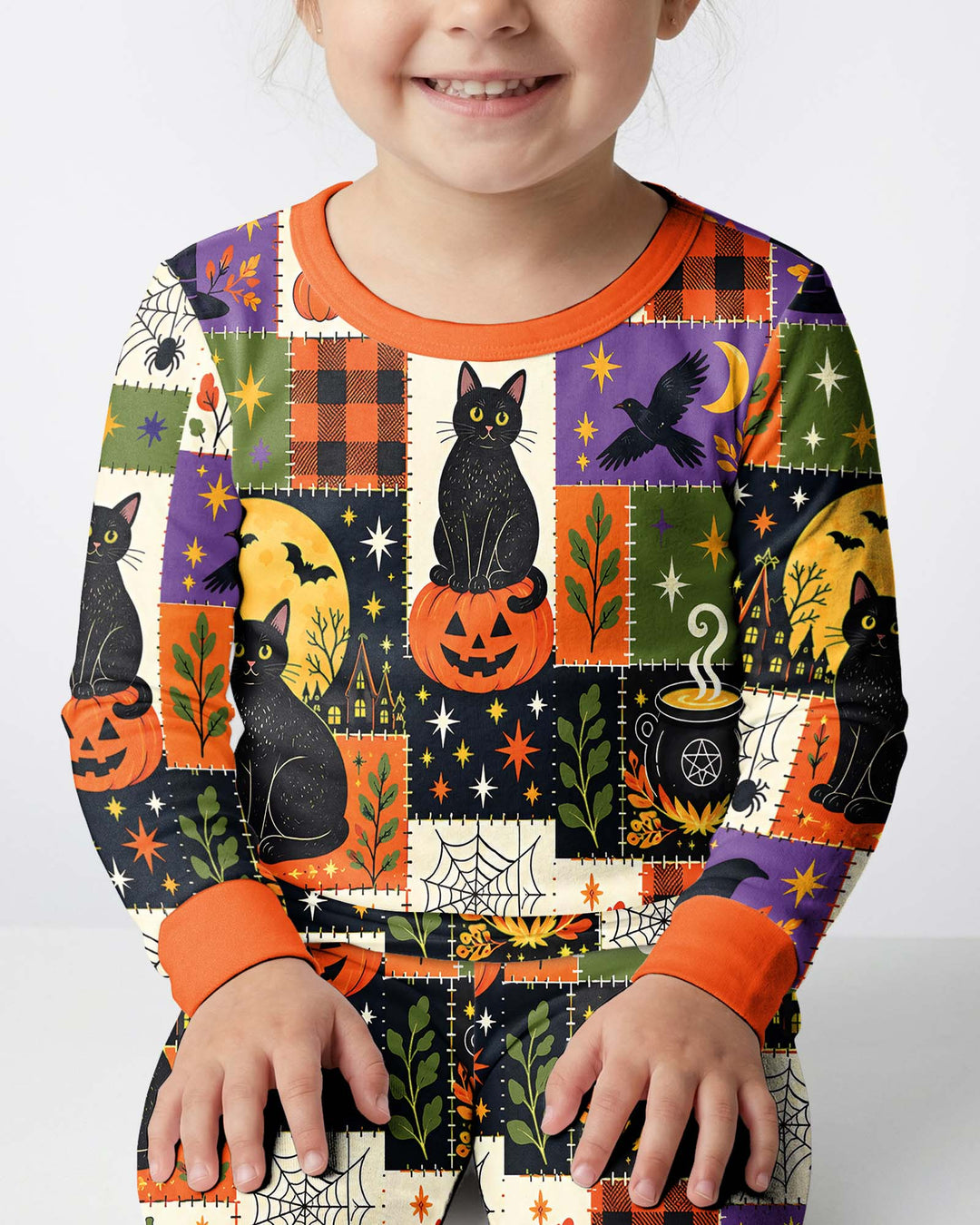 Halloween Black Cat Patchwork Bamboo Two Piece Long Sleeve Pajama Set