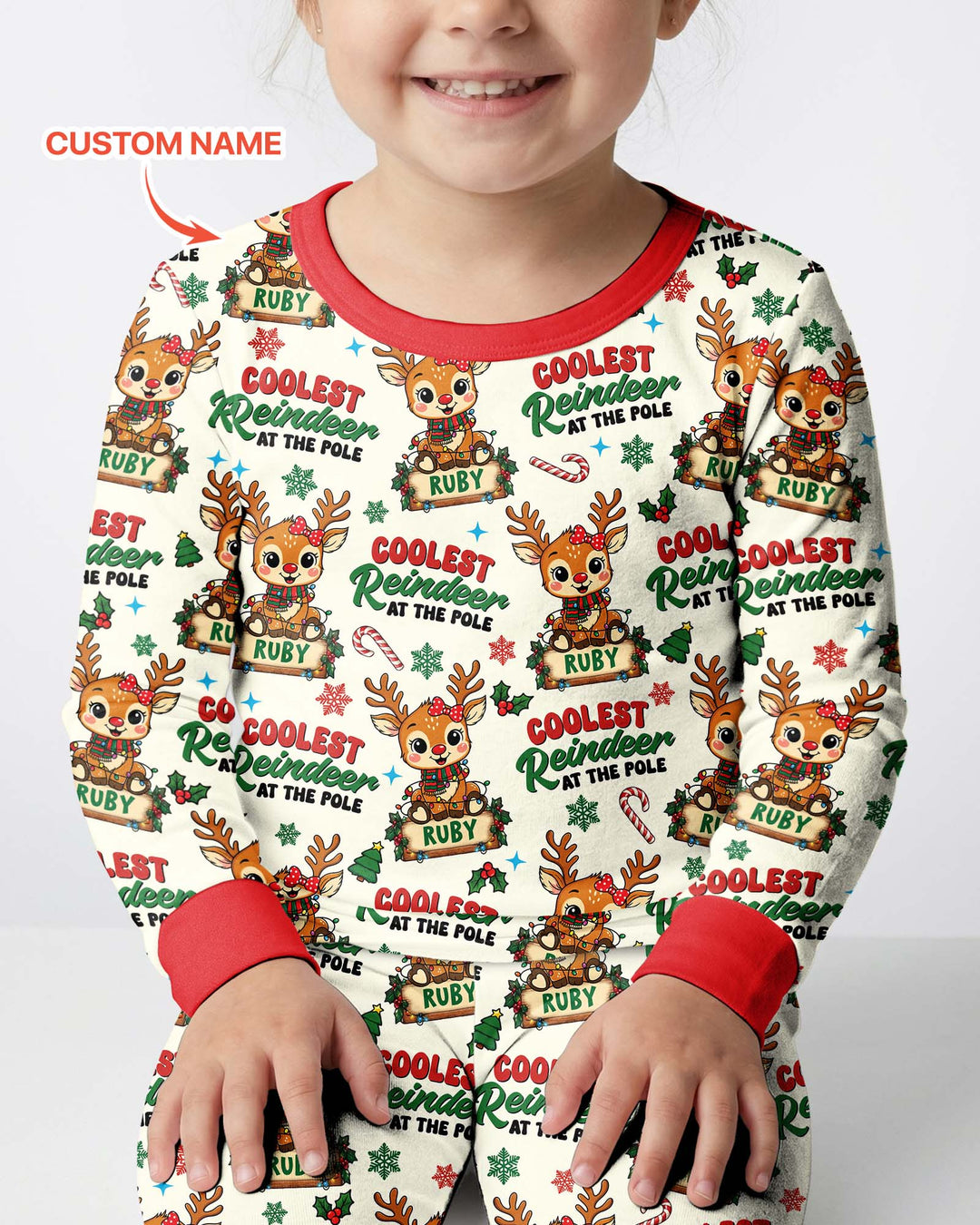 Custom Name Coolest Reindeer At The Pole Bamboo Two Piece Long Sleeve Pajama Set