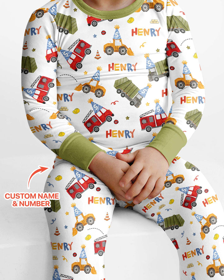 Personalized Birthday Trucks Bamboo Two Piece Long Sleeve Pajama Set