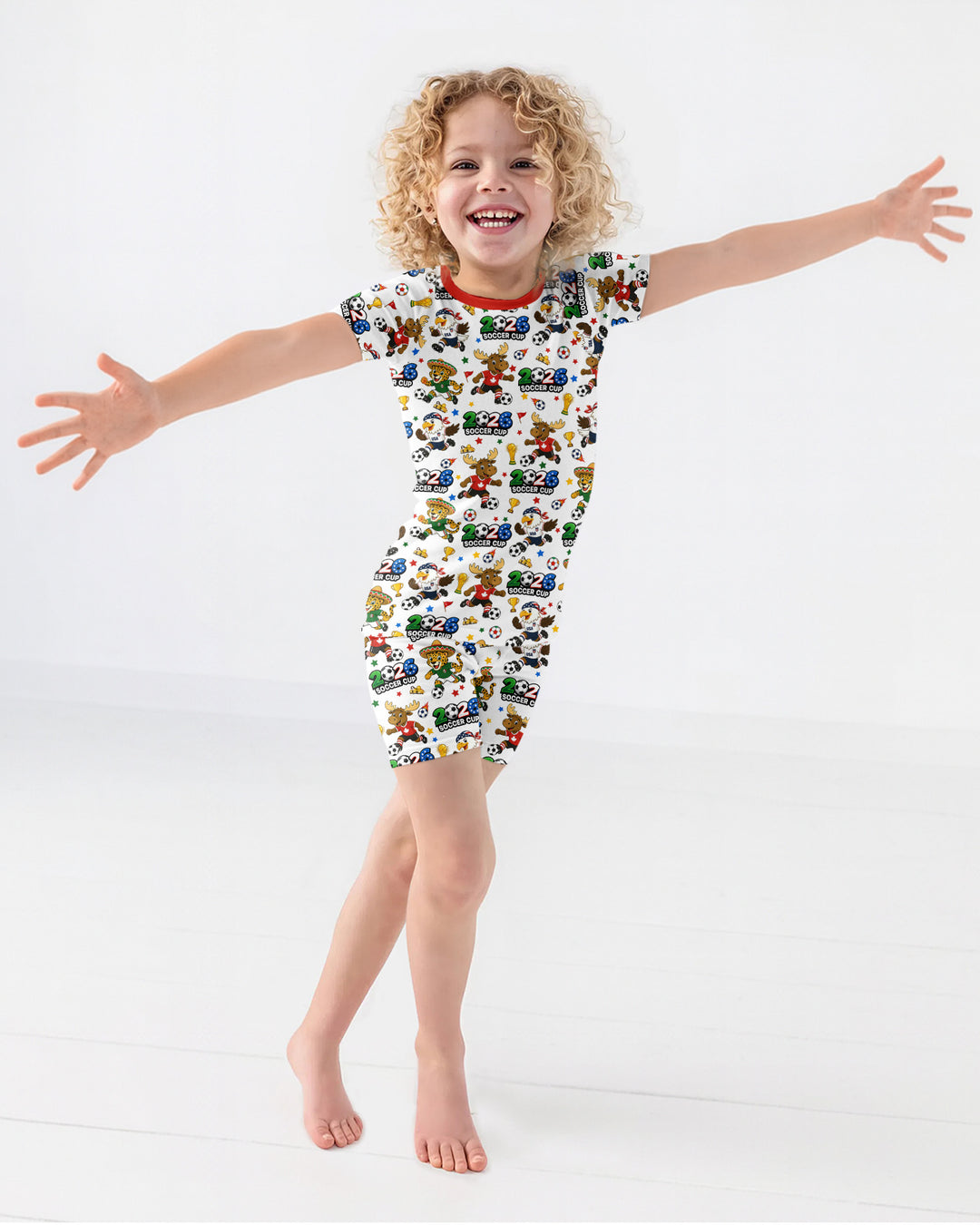 Soccer Cup Cute Mascots Two Piece Short Sleeve Shorts Pajama Set