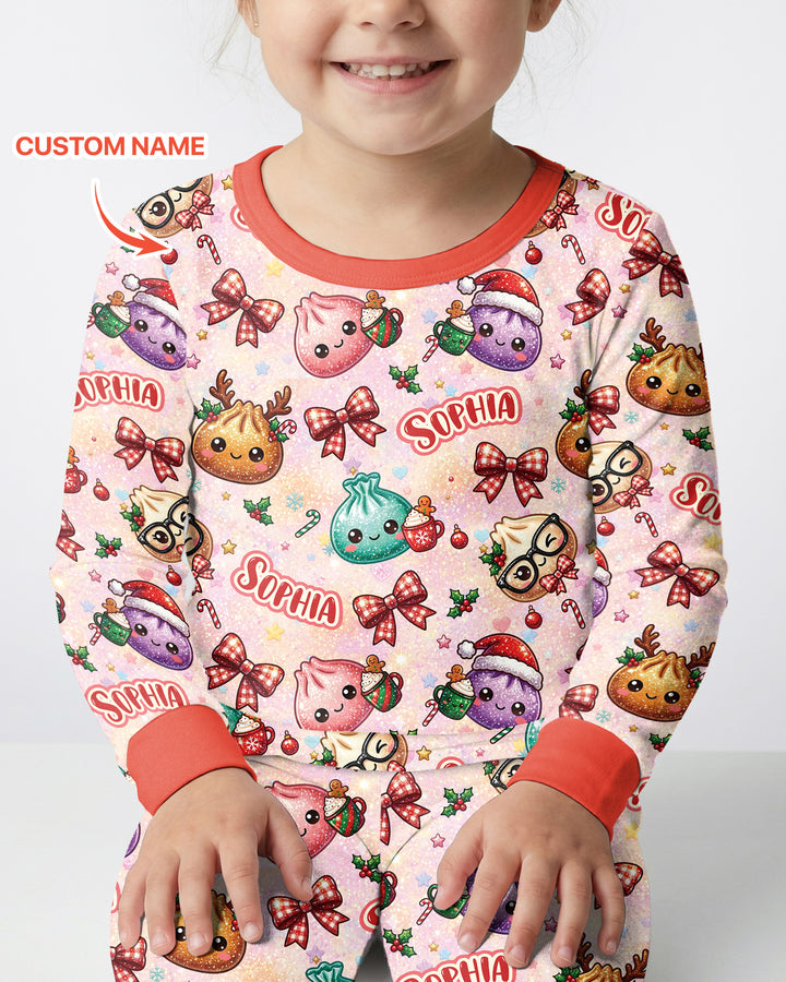 Custom Name Merry Christmas Dumpling Bamboo Two Piece Long Sleeve Pajama Set