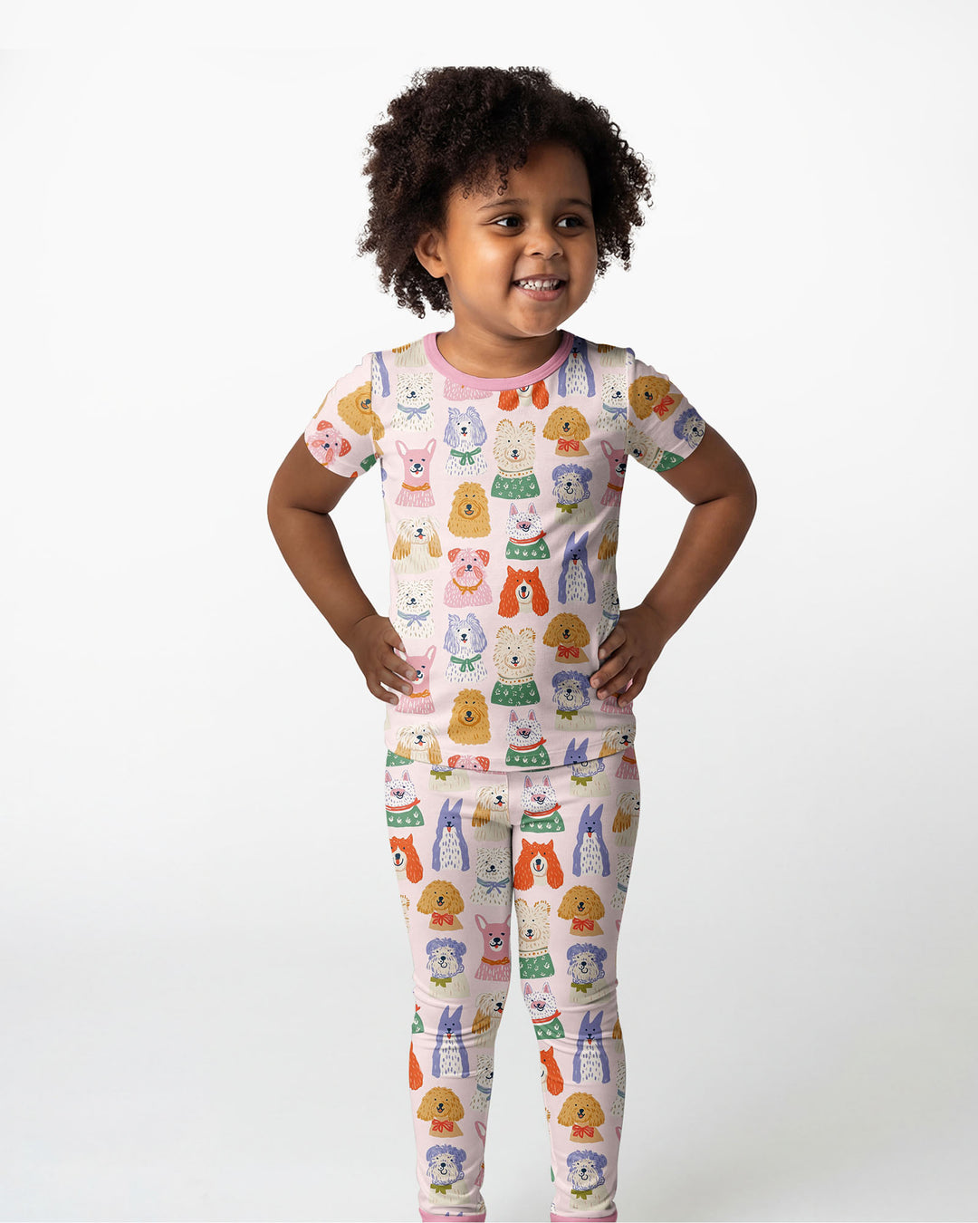 Whimsical Puppy Parade Family Matching Bamboo Two Piece Short Sleeve Pajama Set