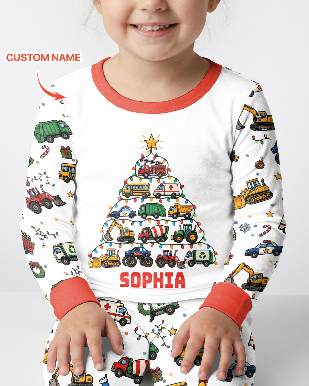 Custom Name Little Trucks Christmas Tree Bamboo Two Piece Long Sleeve Pajama Set