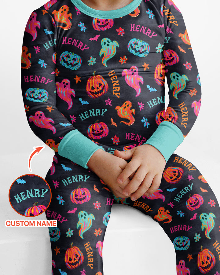 Custom Name Preppy Neon Pumpkin Bamboo Two Piece Long Sleeve Pajama Set