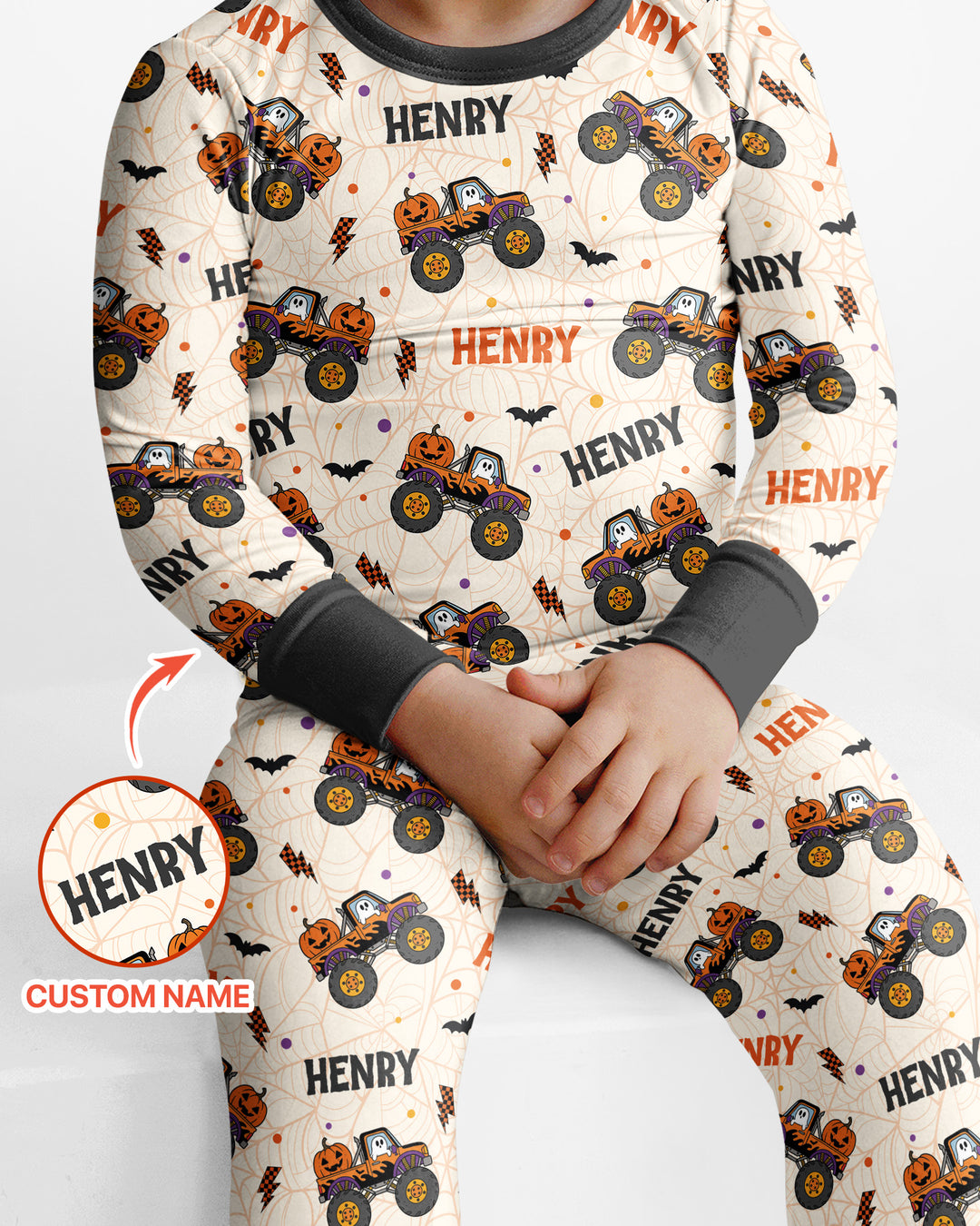 Custom Name Halloween Monster Truck Bamboo Two Piece Long Sleeve Pajama Set