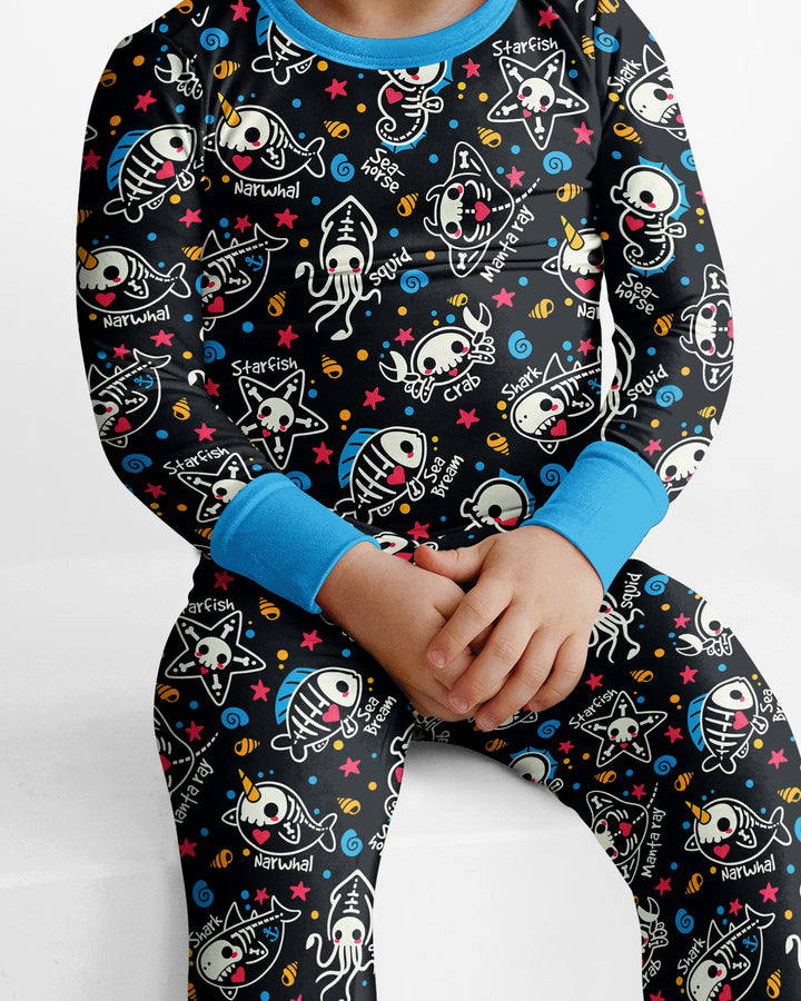 Kawaii Skeleton Ocean Animals Bamboo Two Piece Long Sleeve Pajama Set