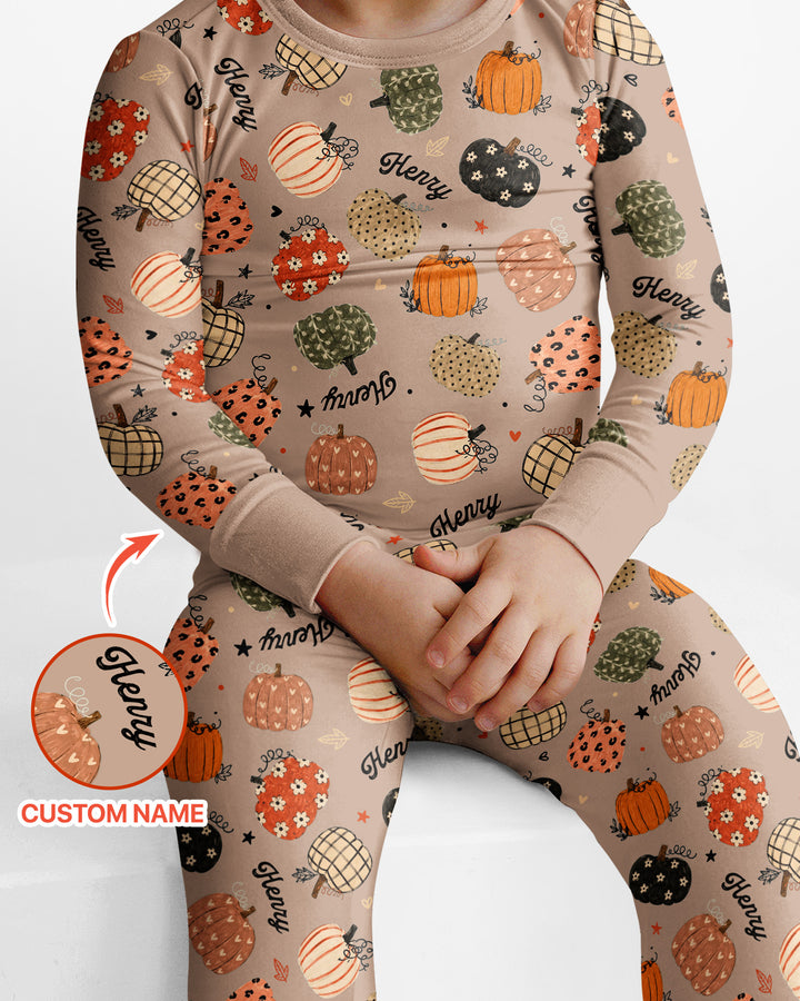 Custom Name Boho Pumpkin Bamboo Two Piece Long Sleeve Pajama Set