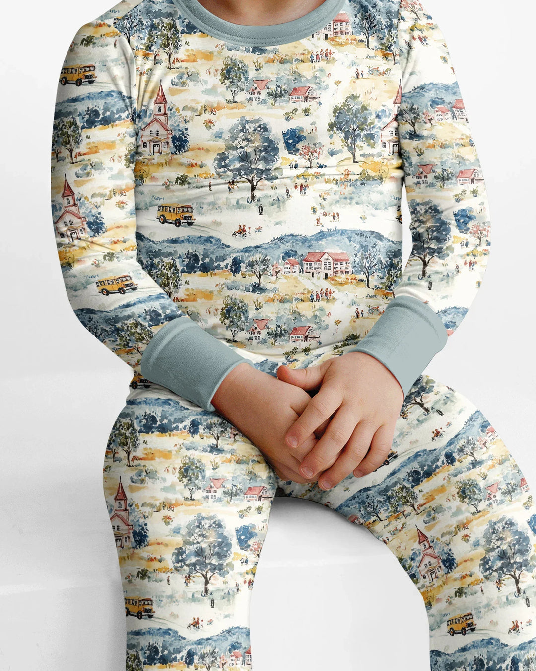 Whimsical Watercolor School Village Bamboo Two Piece Long Sleeve Pajama Set