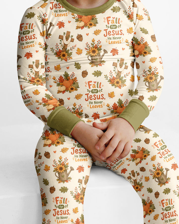 Fall For Jesus He Never Leaves Bamboo Two Piece Long Sleeve Pajama Set