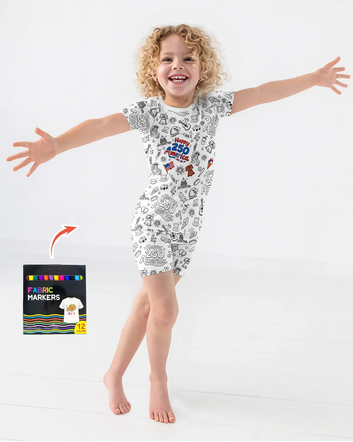 All Colorable Happy 250 America I love USA Bamboo Two Piece Short Sleeve Shorts Pajama Set