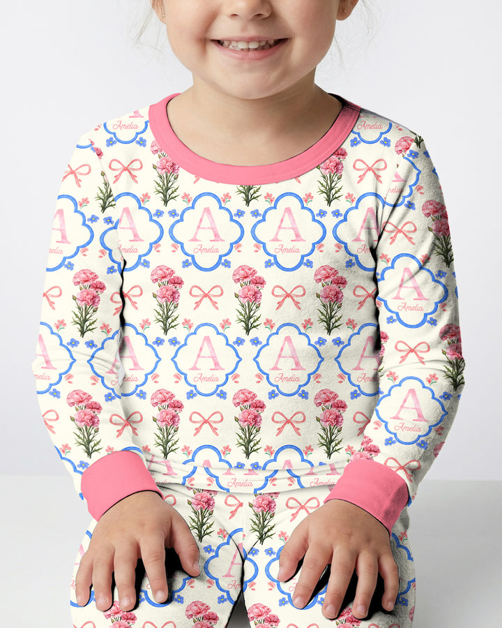 Personalized Birth Flower Mommy And Me Matching Bamboo Two Piece Long Sleeve Pajama Set