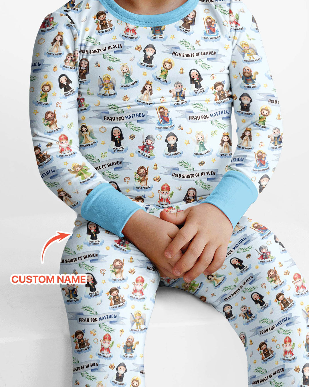 Santas y Santos del Cielo Juego de Pijama de Dos Piezas de Bambú de Manga Larga con Nombre Personalizado