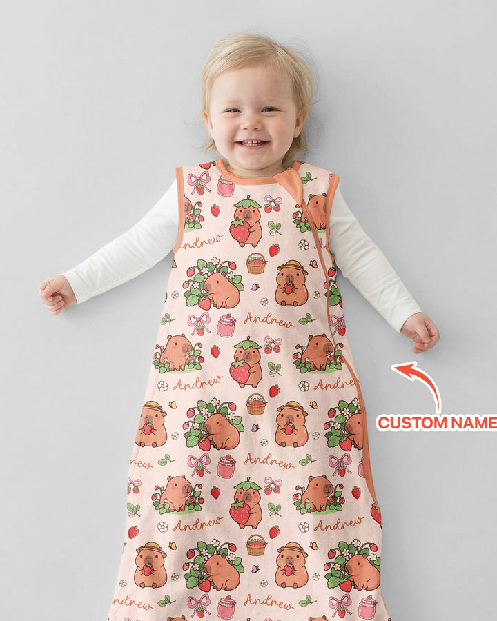 Custom Name Capybara Strawberry Bamboo Sleep Bag