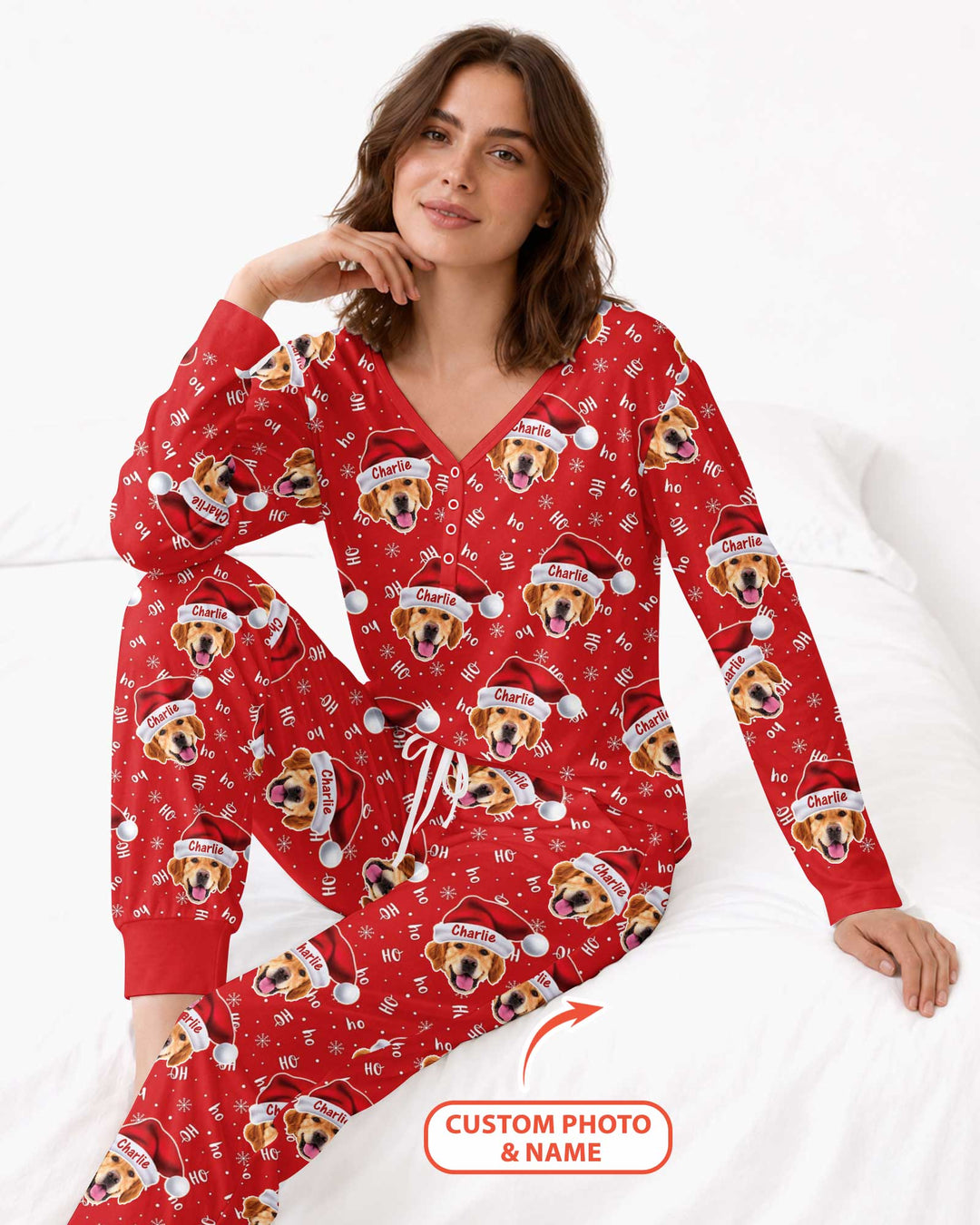 Custom Dog Photo Santa Claus Bamboo Women Pajama Set