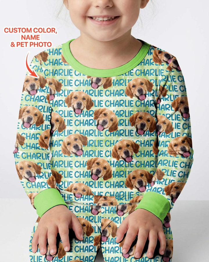 Custom Pet Photo With Name Watercolor Bamboo Two Piece Long Sleeve Pajama Set