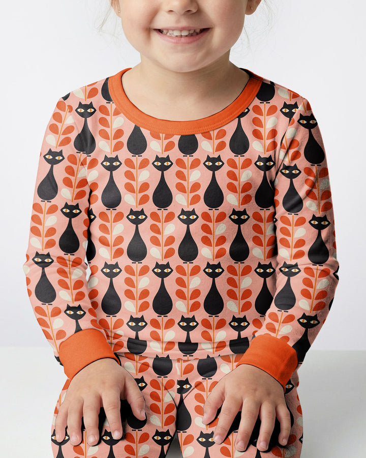 Retro Black Cat Garden Bamboo Two Piece Long Sleeve Pajama Set