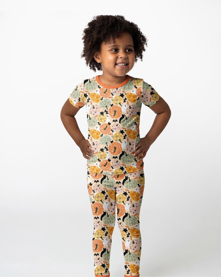 Floral Pumpkin Ghost Halloween Bamboo Two Piece Short Sleeve Pajama Set