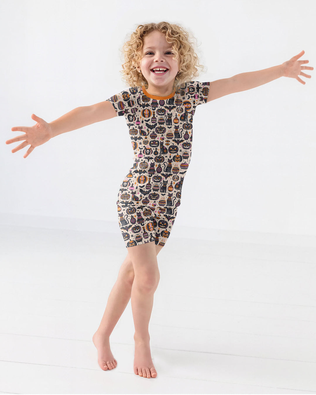 Whimsical Tribal Retro Halloween Black Cats Pumpkins Bamboo Two Piece Short Sleeve Shorts Pajama Set