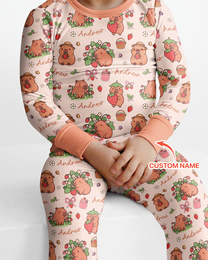 Custom Name Capybara Strawberry Bamboo Two Piece Long Sleeve Pajama Set