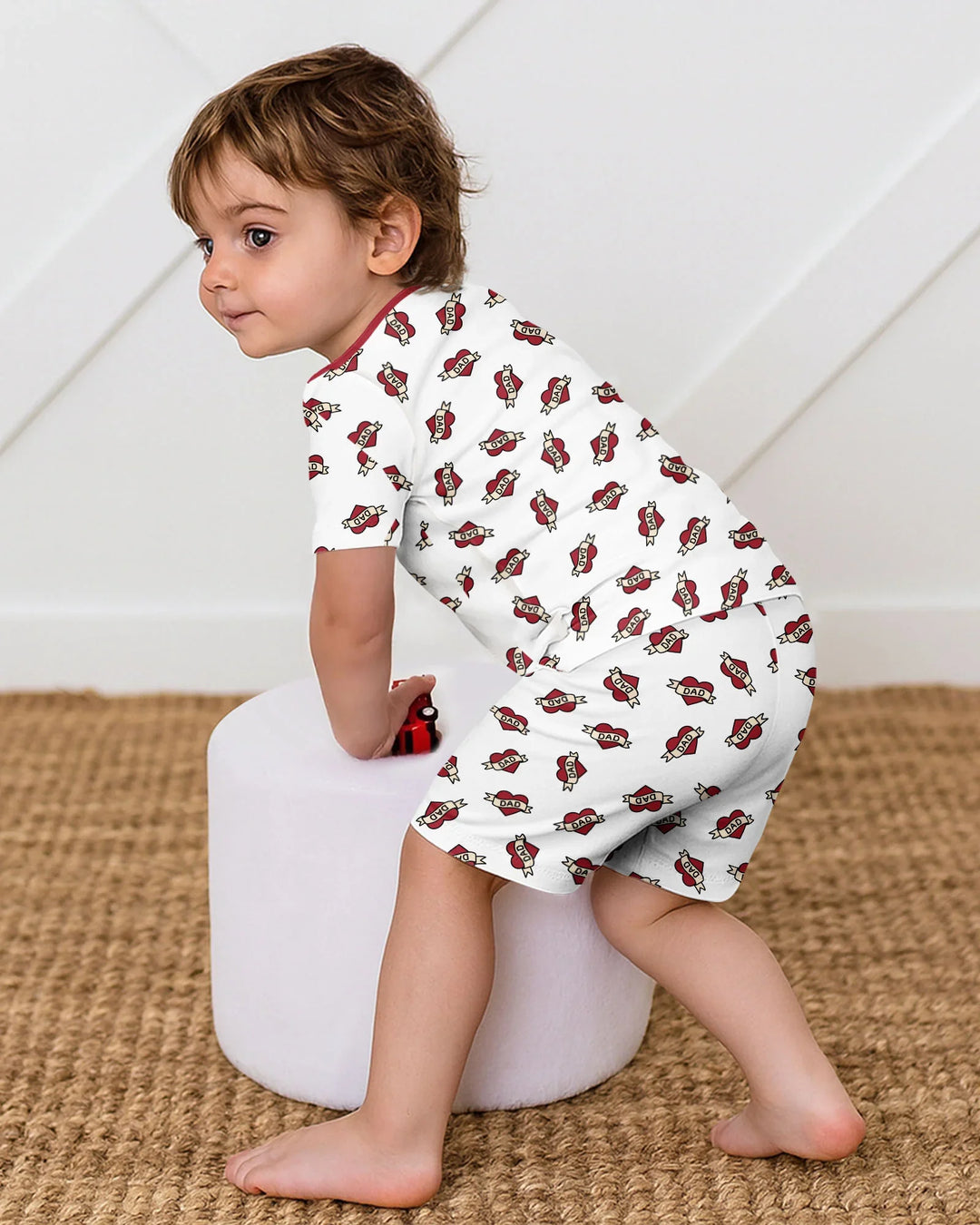 Old School Dad Hearts Daddy & Me Matching Bamboo Two Piece Short Sleeve Shorts Pajama Set