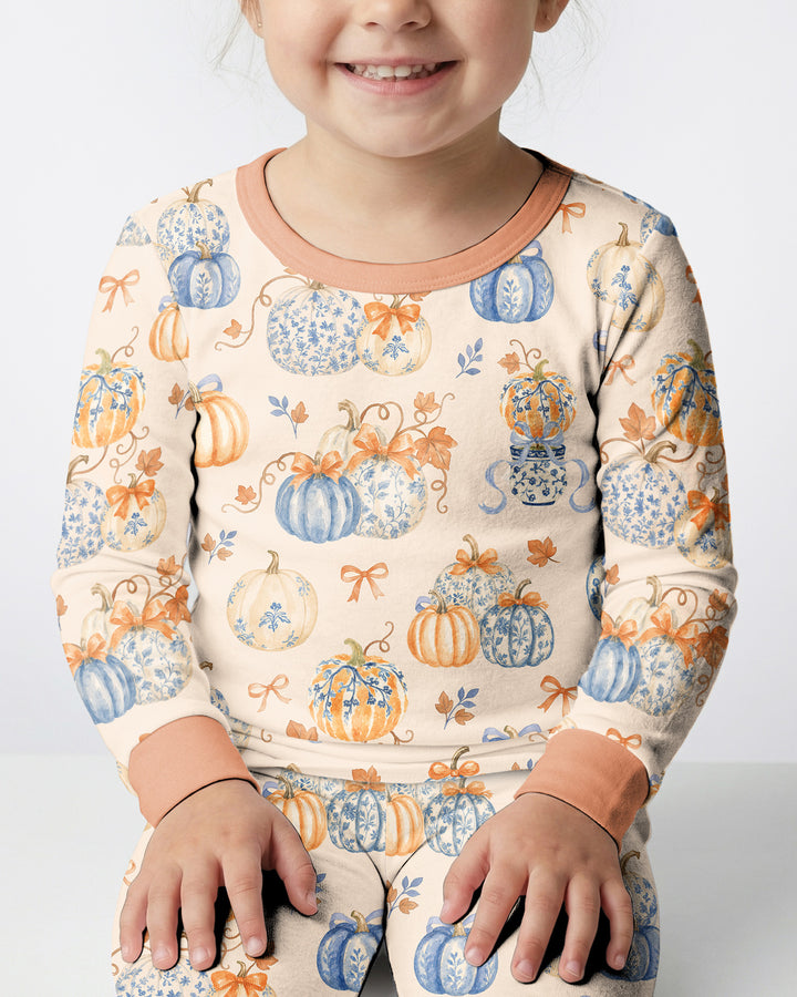 Preppy Blue and Orange Chinoiserie Pumpkin Bamboo Two Piece Long Sleeve Pajama Set