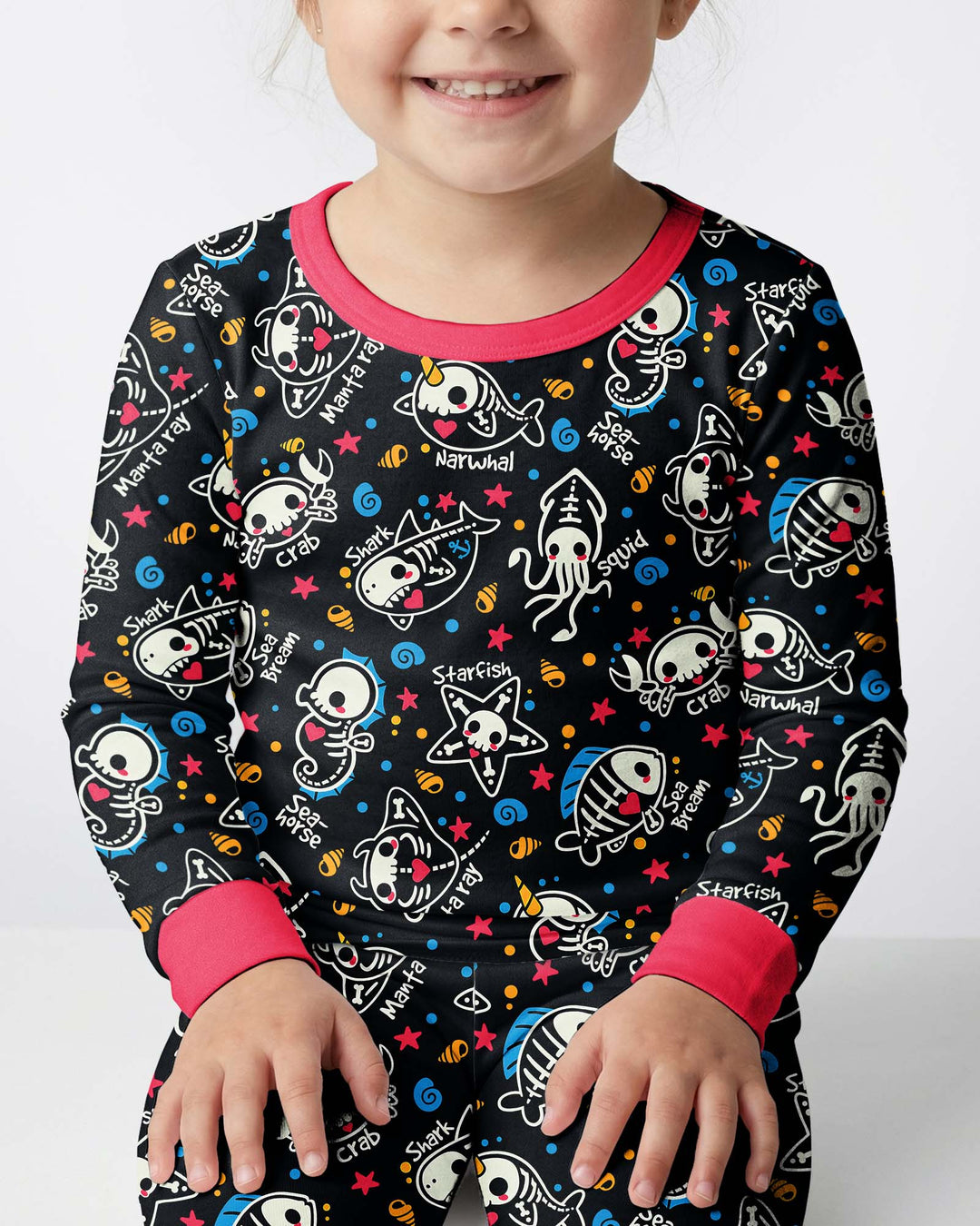 Kawaii Skeleton Ocean Animals Bamboo Two Piece Long Sleeve Pajama Set