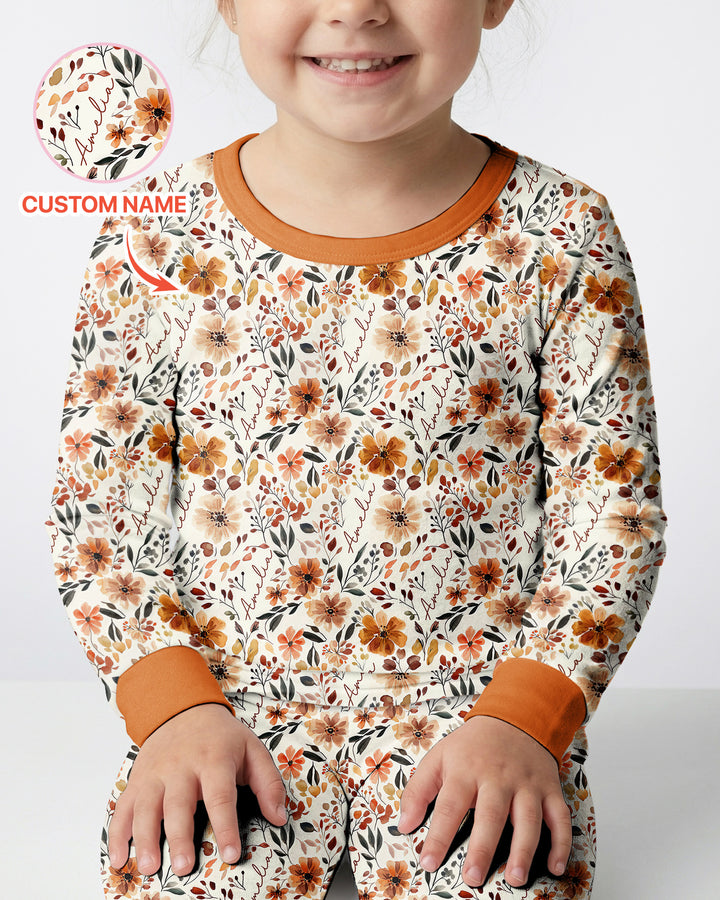 Custom Name Fall Flower Bamboo Two Piece Long Sleeve Pajama Set