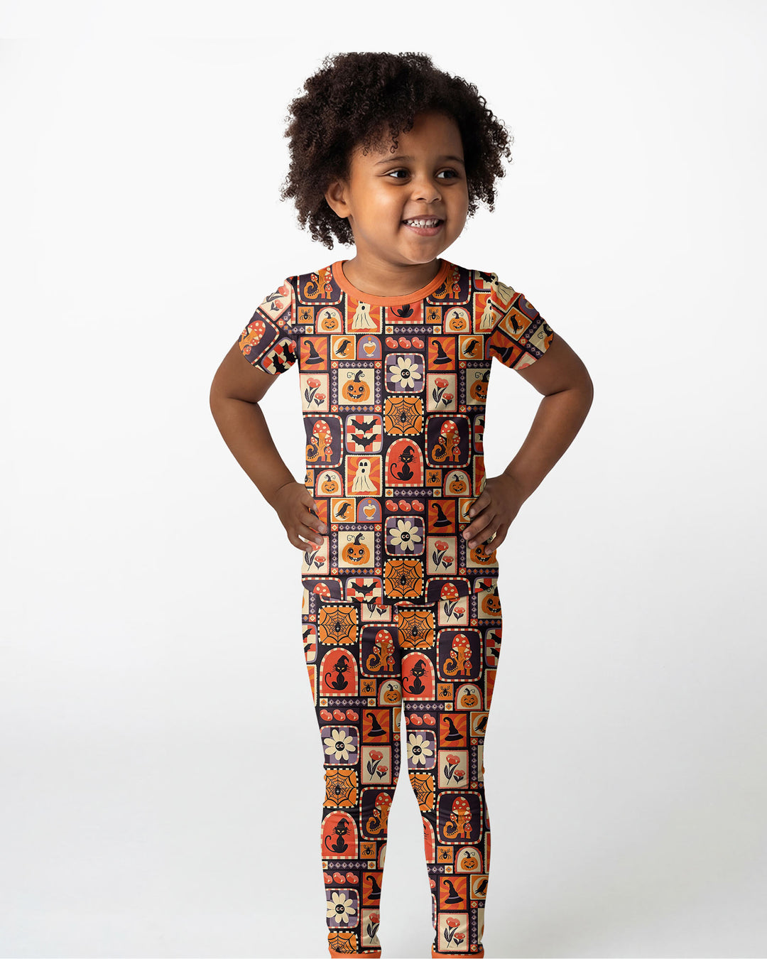 Retro Halloween Patchwork Icons Bamboo Two Piece Short Sleeve Pajama Set