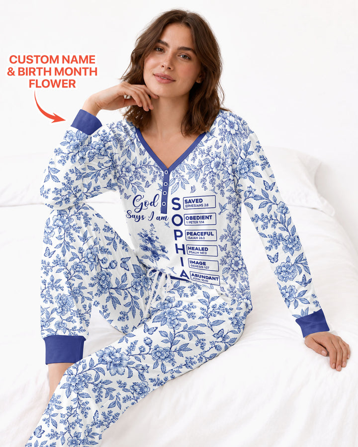 God Says I Am Letter In Bible Birth Flower Toile De Jouy  Bamboo Women Pajama Set