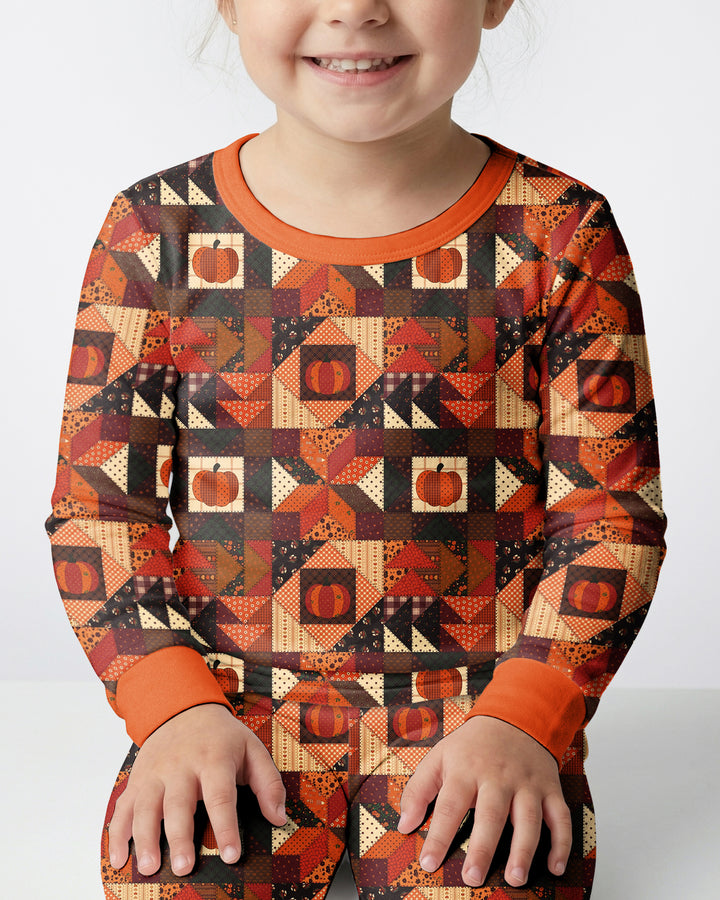 Vintage Pumpkin Patchwork Fall Bamboo Two Piece Long Sleeve Pajama Set