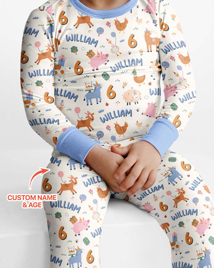Personalized Farm Animals Birthday Bamboo Two Piece Long Sleeve Pajama Set