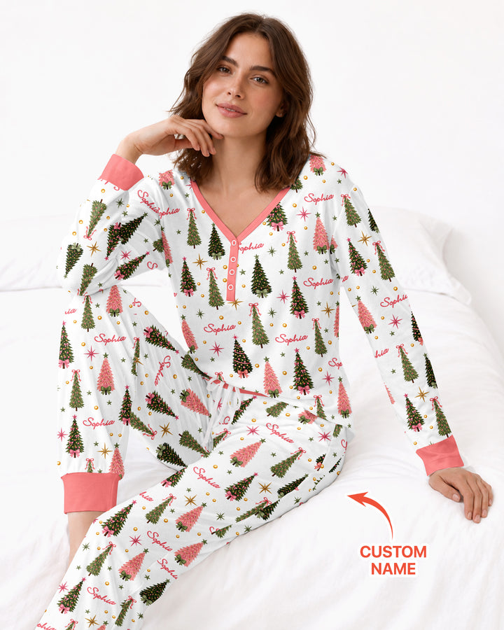 Custom Name Merry Christmas Tree Bamboo Women Pajama Set