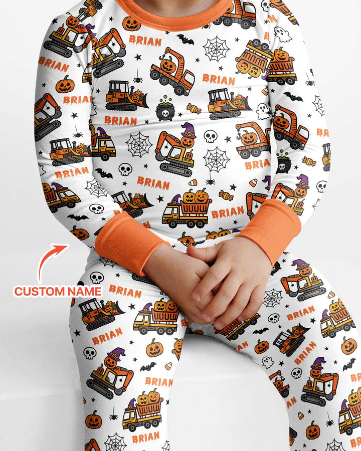 Custom Name Halloween Construction Trucks Bamboo Two Piece Long Sleeve Pajama Set