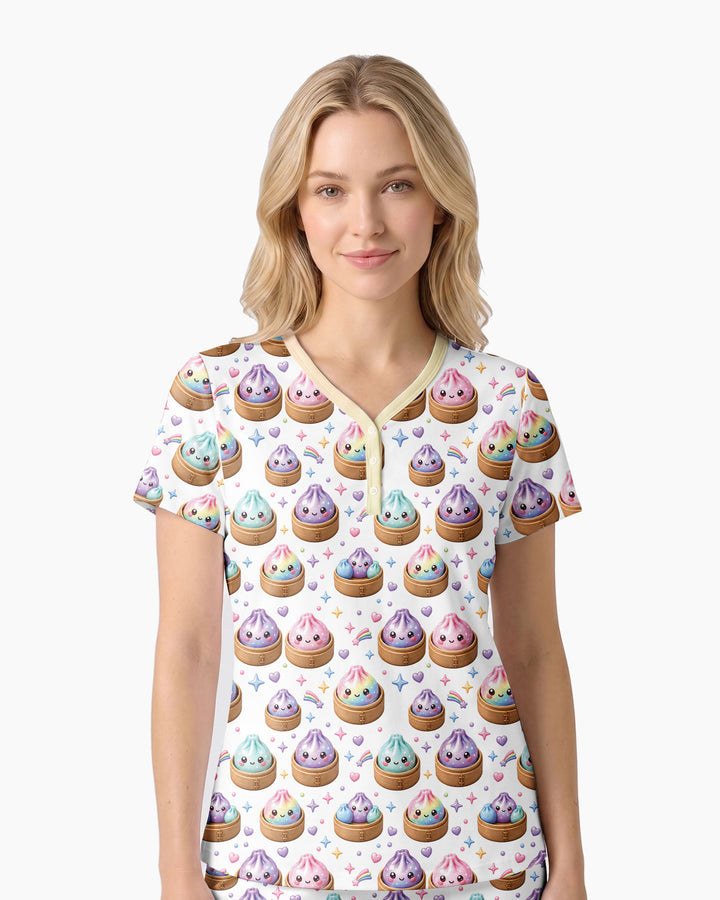 Cute Glitter Dumpling Bamboo Women Short Sleeve Short Pajama Set