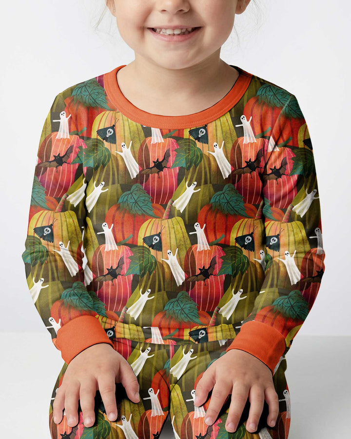 Big Pumpkin Field With Ghosts Bamboo Two Piece Long Sleeve Pajama Set