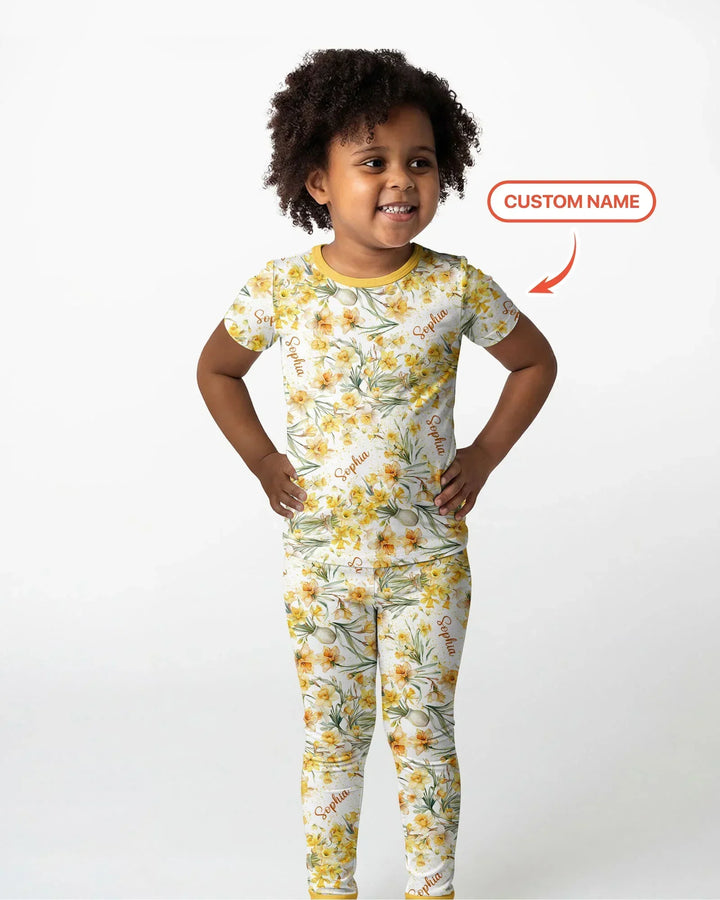 Custom Name Birth Month Flowers Bamboo Two Piece Short Sleeve Pajama Set