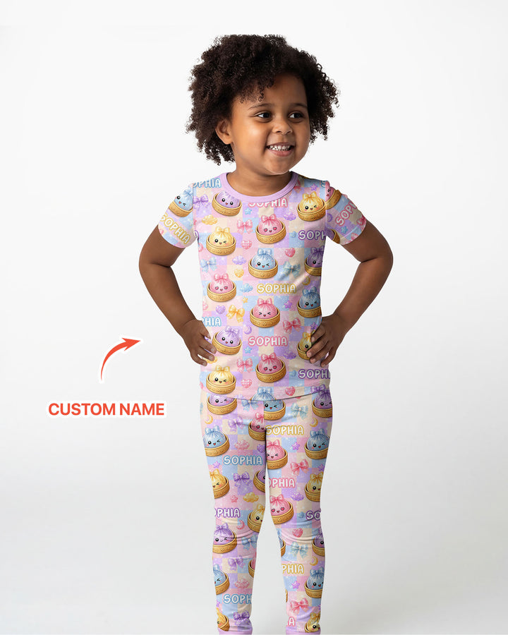 Custom Name Coquette Glitter Dumpling Bamboo Two Piece Short Sleeve Pajama Set