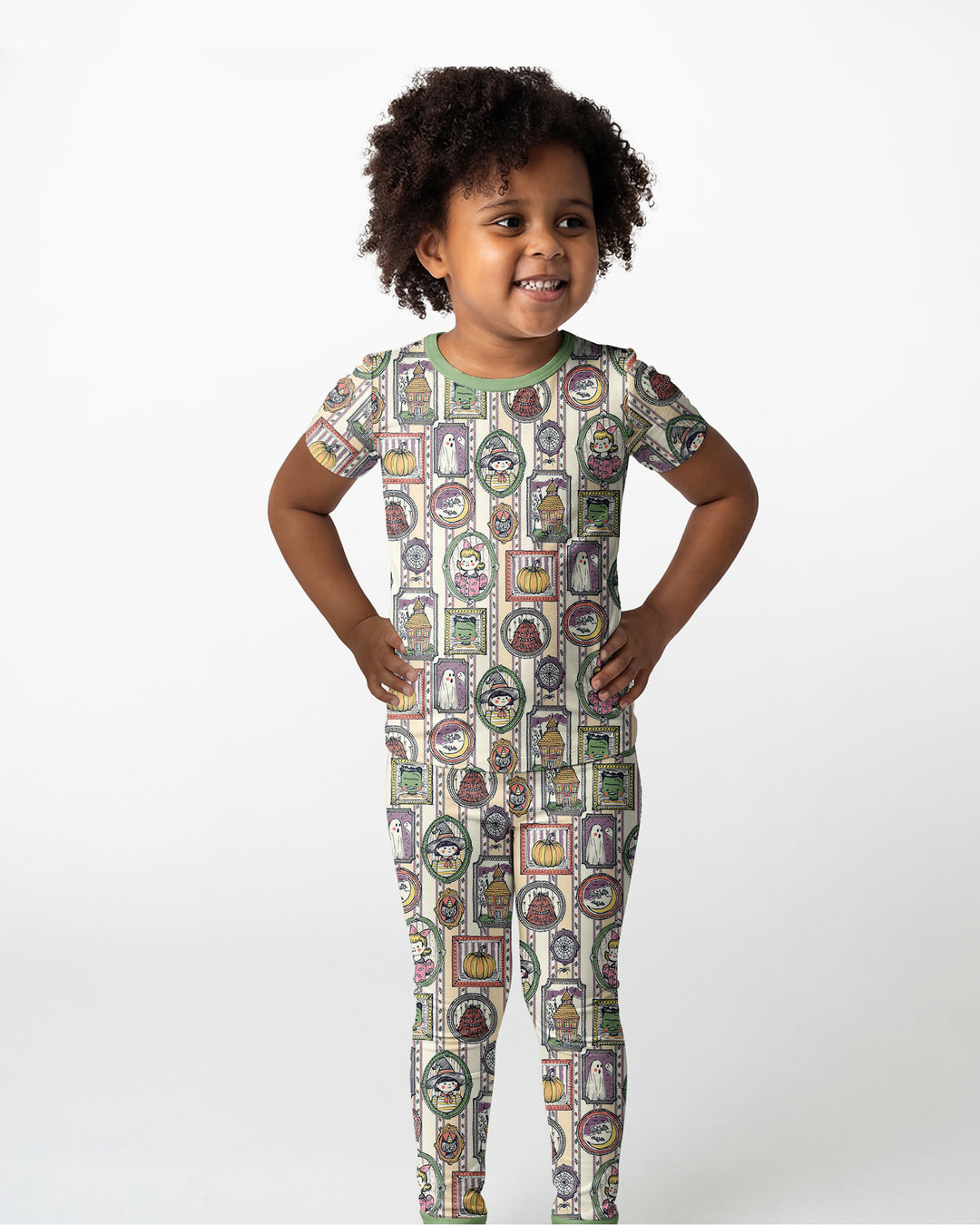 Vintage Halloween Ghost Pumpkin Portraits Bamboo Two Piece Short Sleeve Pajama Set