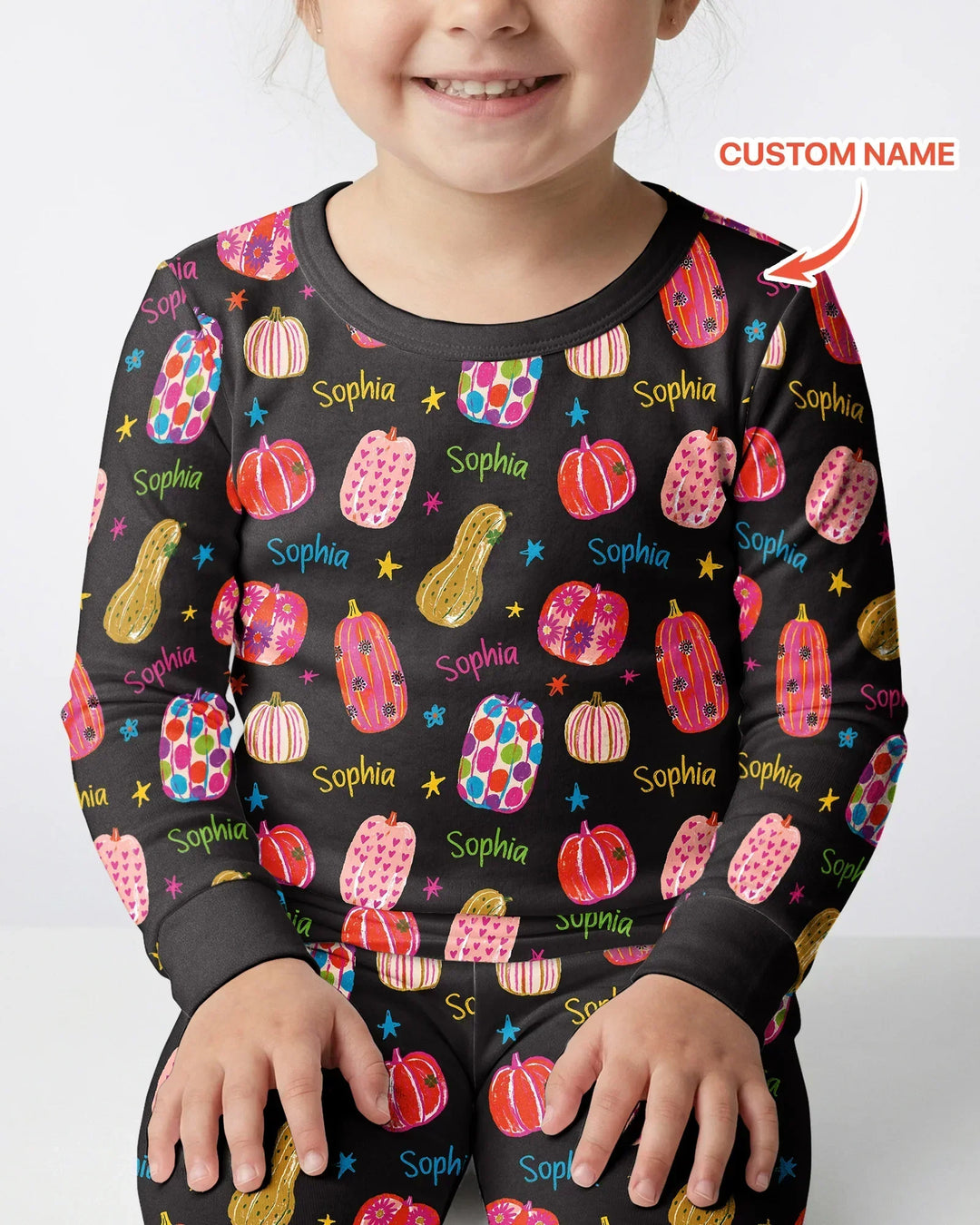 Custom Name Colorful Pumpkin Bamboo Two Piece Long Sleeve Pajama Set