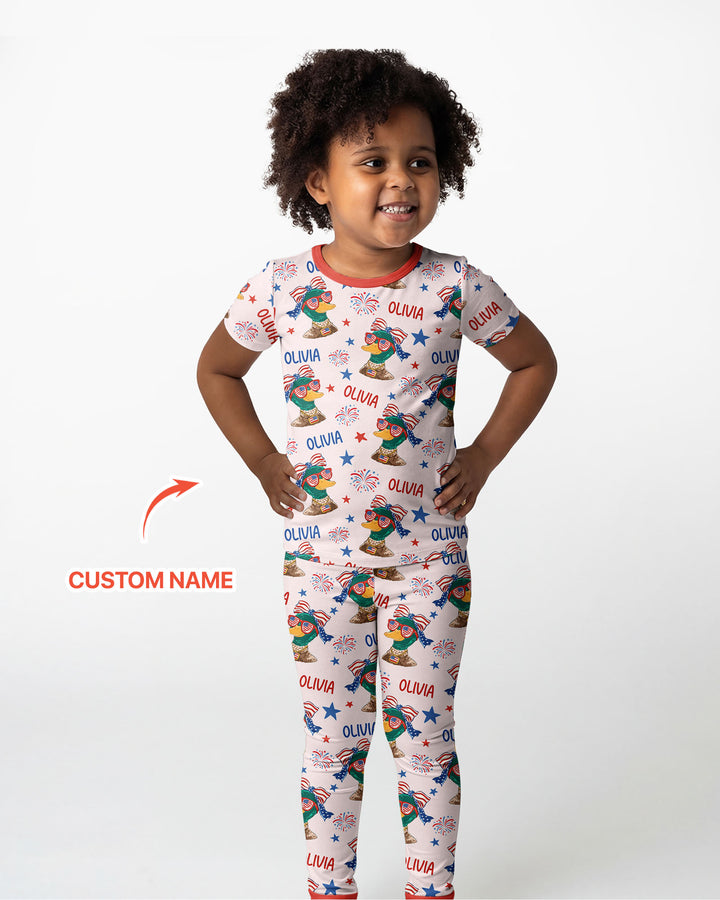 Custom Name Patriotic Mallard Duck Bamboo Two Piece Short Sleeve Pajama Set