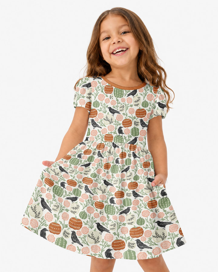 Country Crows with Mums and Pumpkins Bamboo Twirl Dress