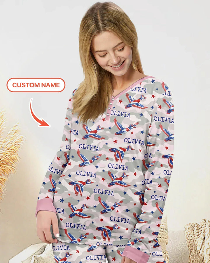 Pyjama-Set aus Bambus für Damen mit Entenmotiv und individueller Namensstickerei, passend für die ganze Familie