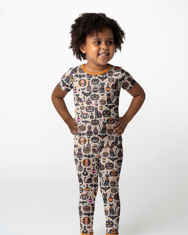 Whimsical Tribal Retro Halloween Black Cats Pumpkins Bamboo Two Piece Short Sleeve Pajama Set