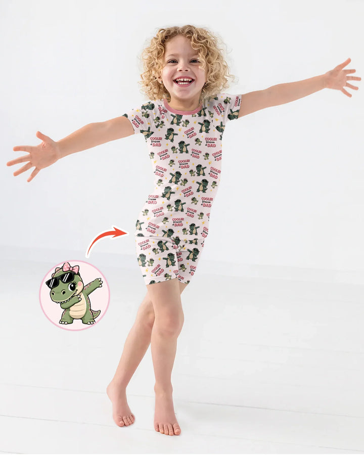 Genial conjunto de pijama de dos piezas de bambú de manga corta y pantalón corto a juego para papá y yo con diseño de dinosaurio.