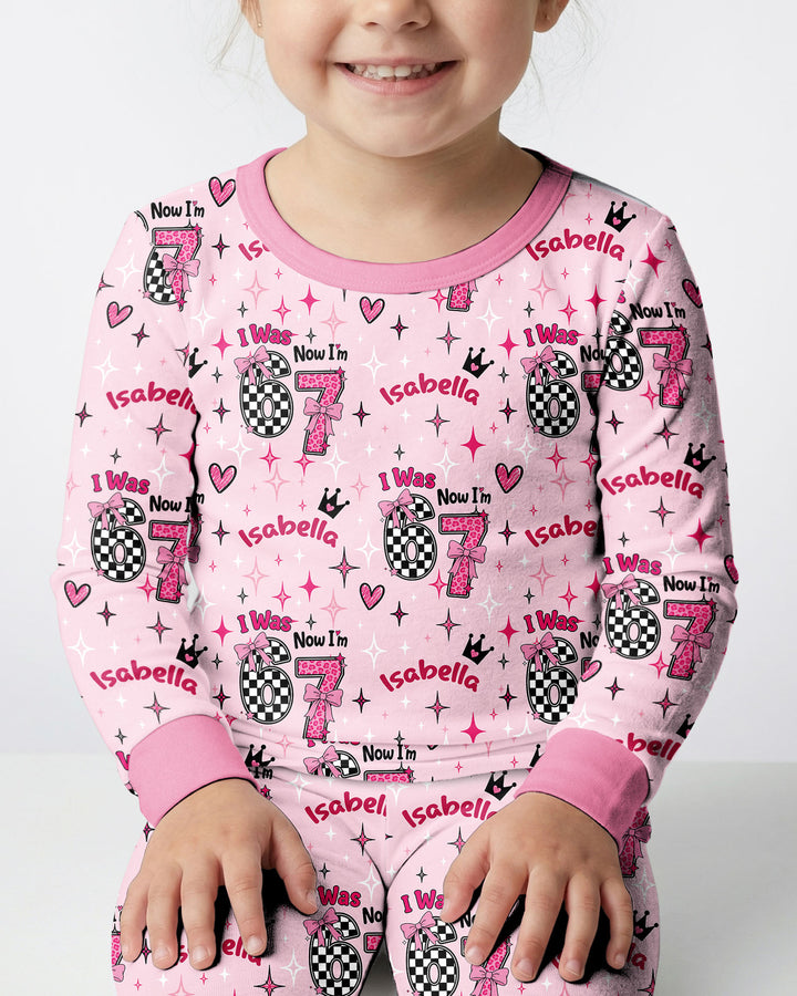 I Was 6 Now I'm 7 Girls Birthday Bamboo Two Piece Long Sleeve Pajama Set
