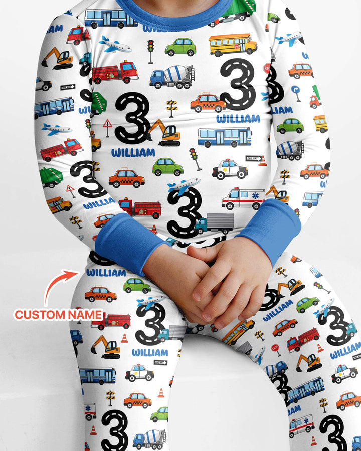 Personalized Birthday Boy Transportation Vehicles Bamboo Two Piece Long Sleeve Pajama Set