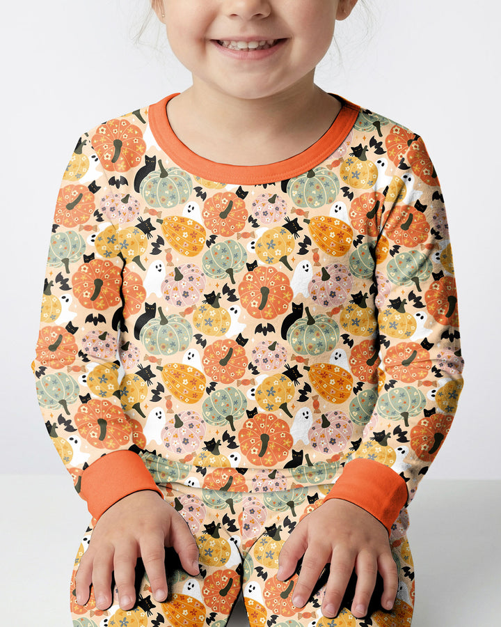 Floral Pumpkin Ghost Halloween Bamboo Two Piece Long Sleeve Pajama Set