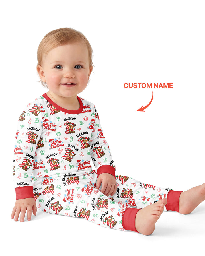 Custom Name My First Candy Cane Christmas Bamboo Two Piece Long Sleeve Pajama Set