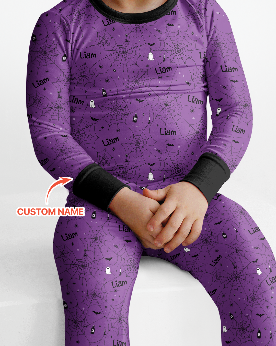 Spooky Spider Web Halloween Custom Name Bamboo Two Piece Long Sleeve Pajama Set